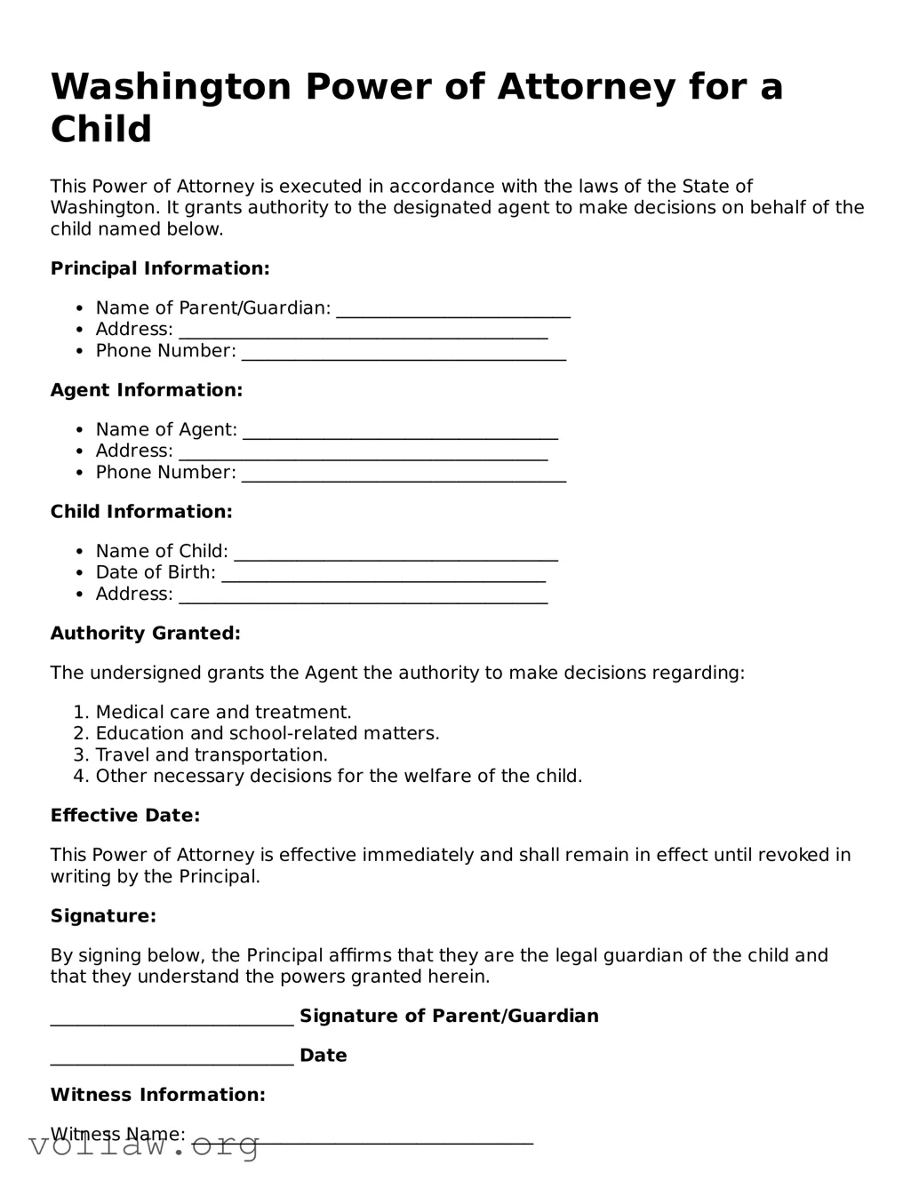 Attorney-Verified  Power of Attorney for a Child Form for Washington