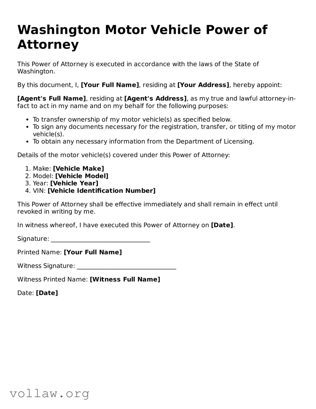 Attorney-Verified  Motor Vehicle Power of Attorney Form for Washington