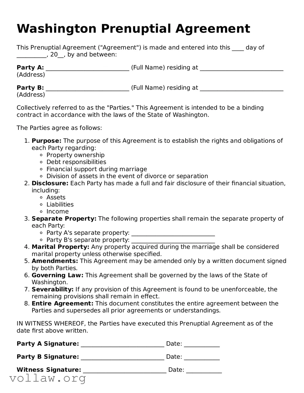 Attorney-Verified  Prenuptial Agreement Form for Washington