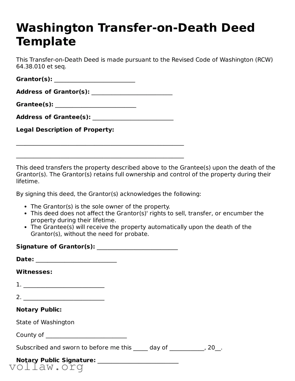 Attorney-Verified  Transfer-on-Death Deed Form for Washington