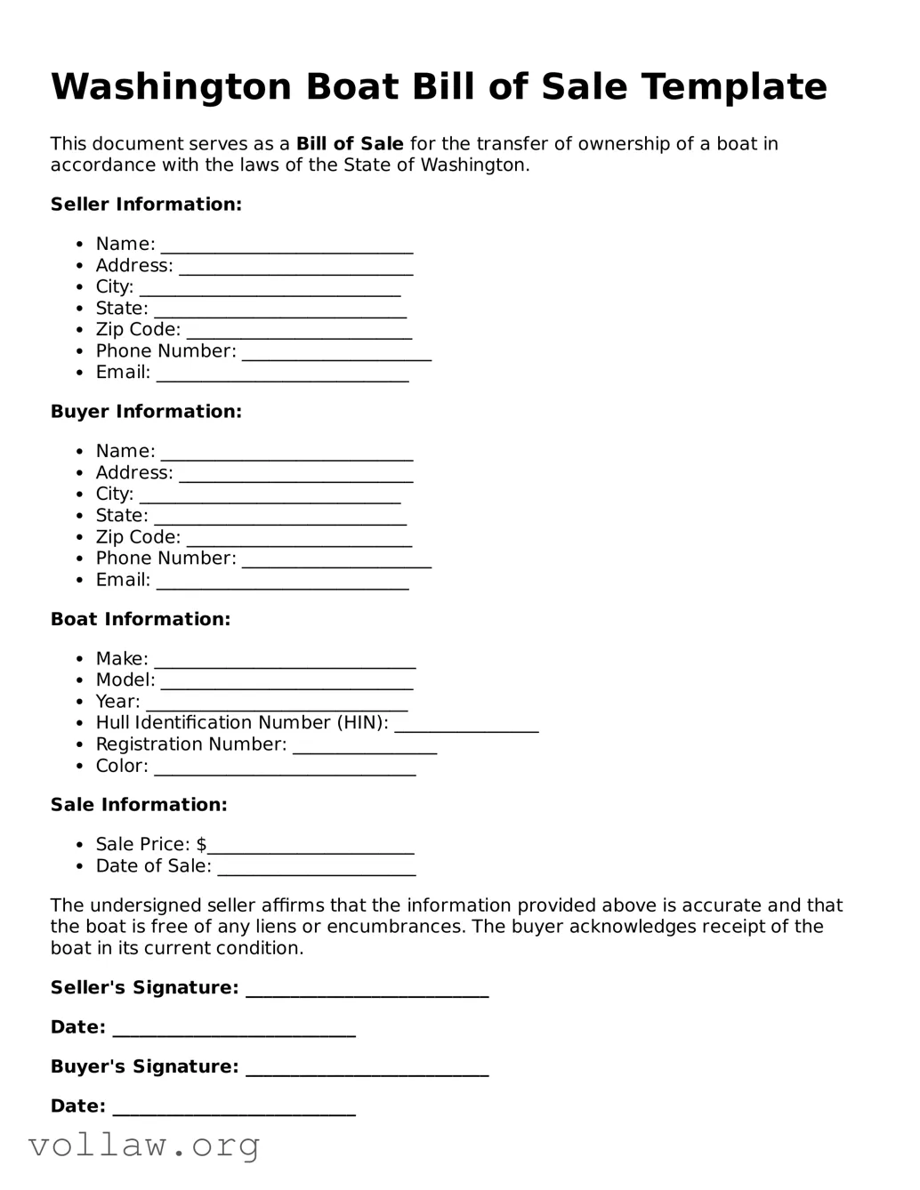Attorney-Verified  Boat Bill of Sale Form for Washington