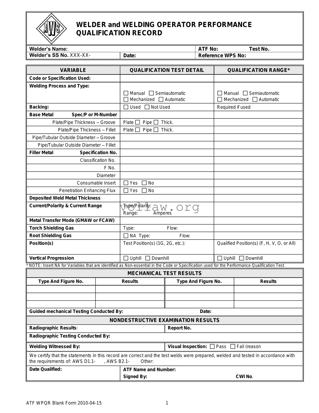 Welder Performance Qualification Record Template