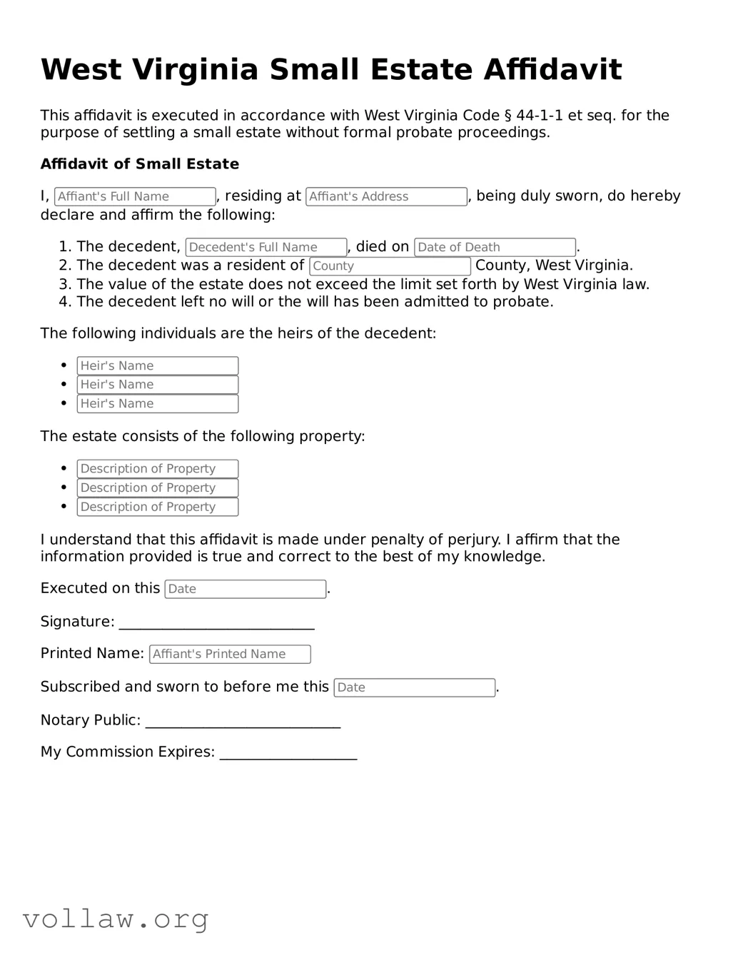 Attorney-Verified  Small Estate Affidavit Form for West Virginia