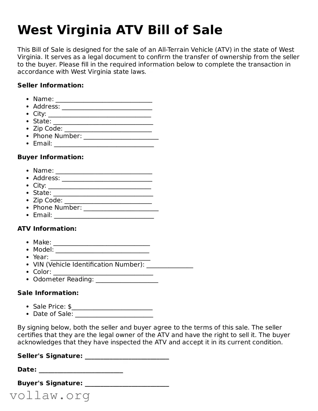 Attorney-Verified  ATV Bill of Sale Form for West Virginia
