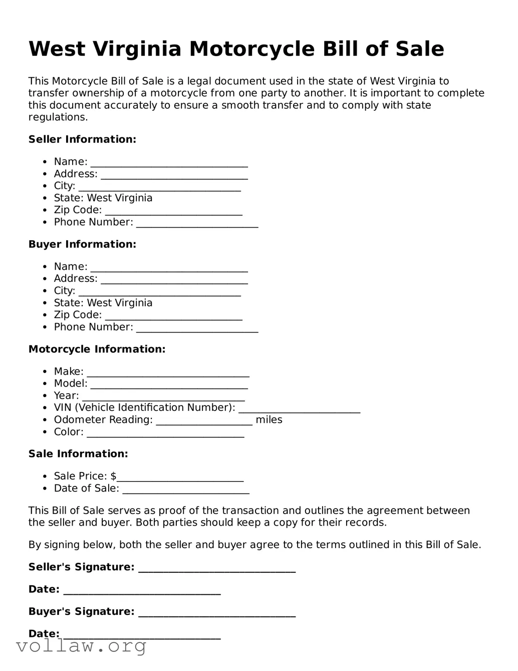 Attorney-Verified  Motorcycle Bill of Sale Form for West Virginia