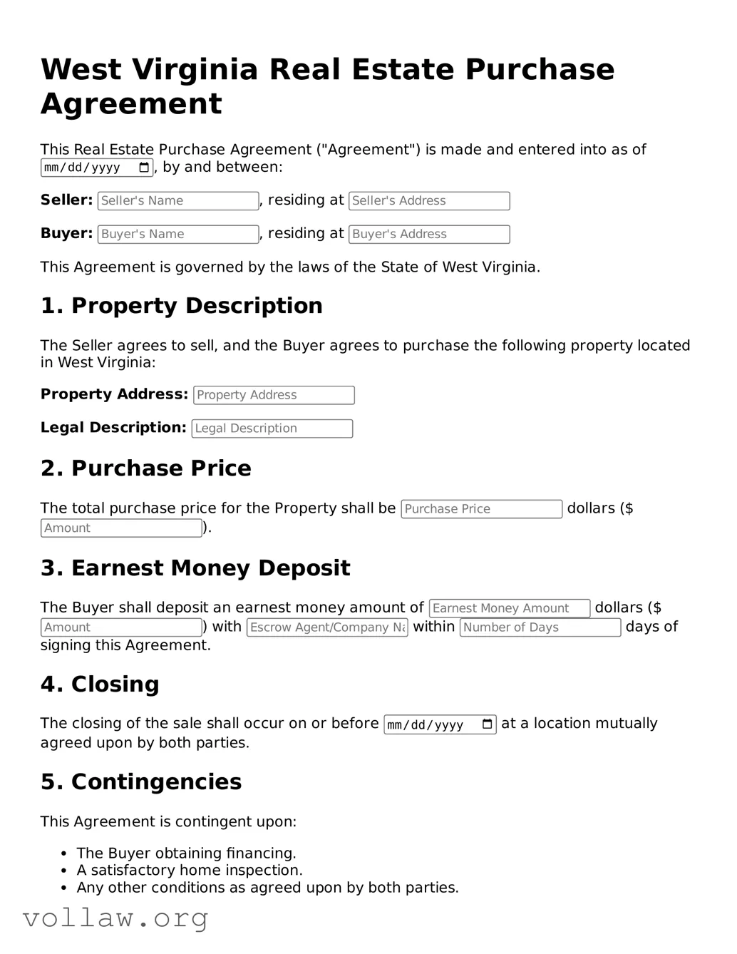 Attorney-Verified  Real Estate Purchase Agreement Form for West Virginia