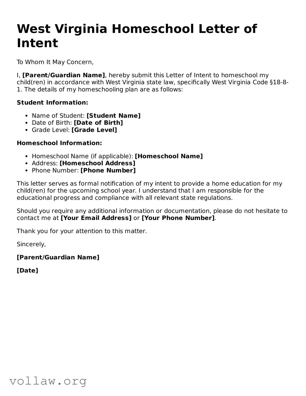 Attorney-Verified  Homeschool Letter of Intent Form for West Virginia