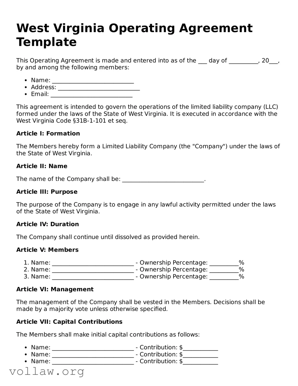 Attorney-Verified  Operating Agreement Form for West Virginia