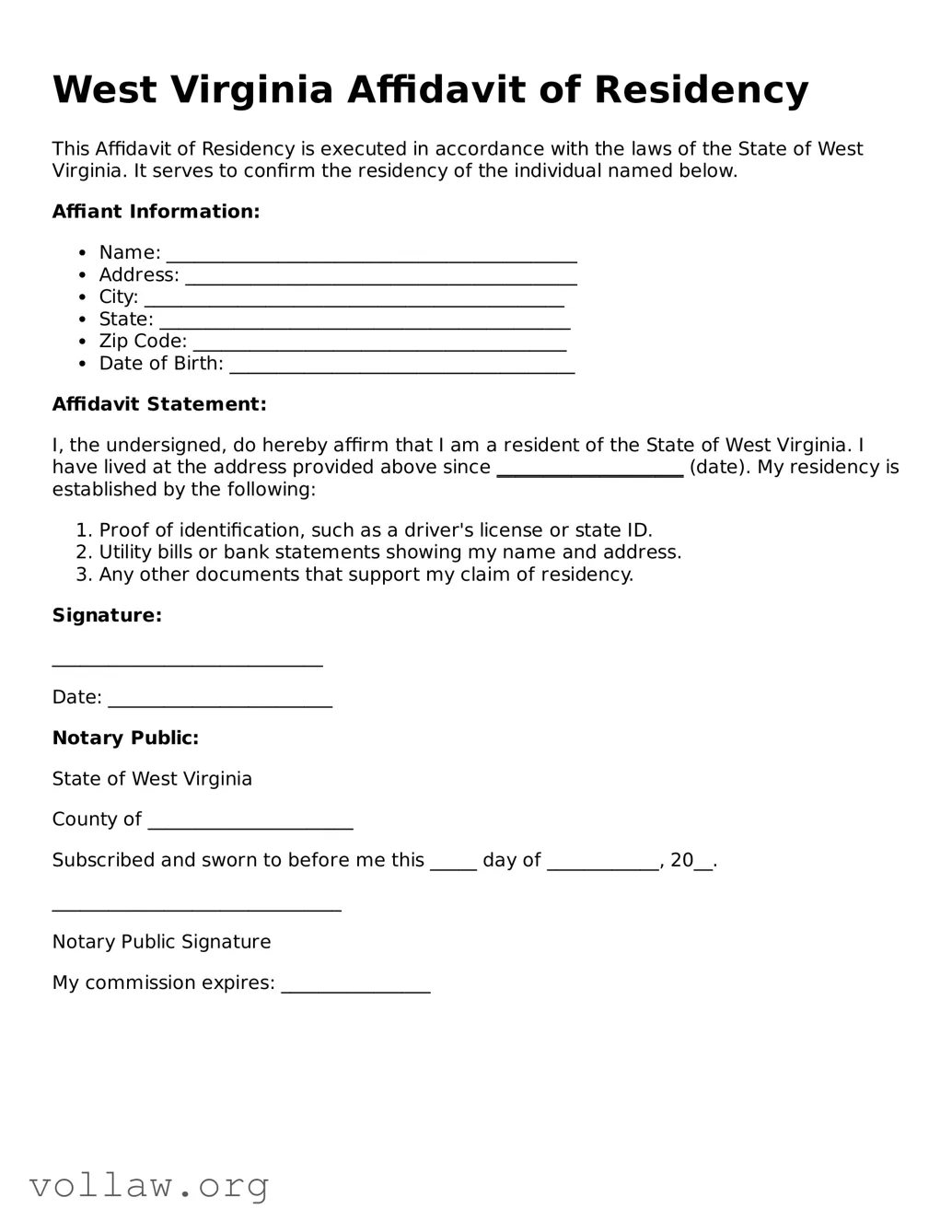Attorney-Verified  Affidavit of Residency Form for West Virginia