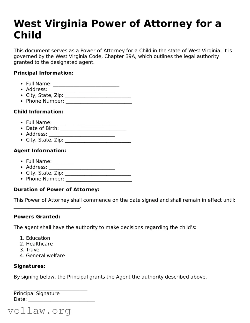 Attorney-Verified  Power of Attorney for a Child Form for West Virginia