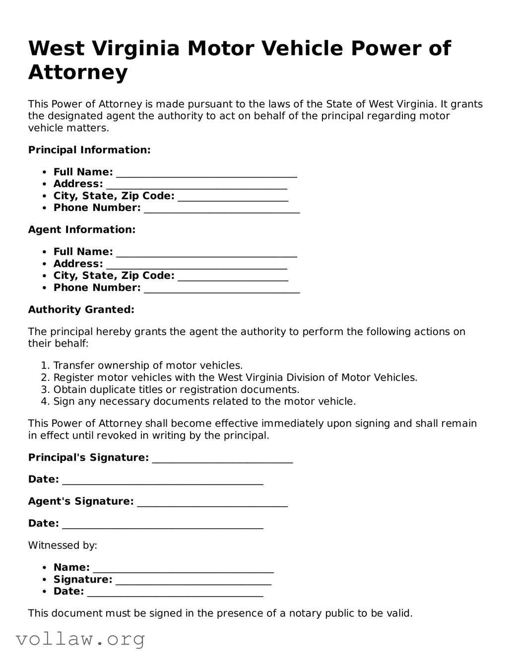 Attorney-Verified  Motor Vehicle Power of Attorney Form for West Virginia