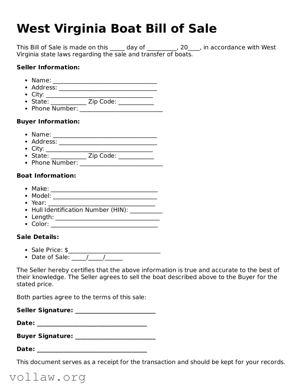 Attorney-Verified  Boat Bill of Sale Form for West Virginia