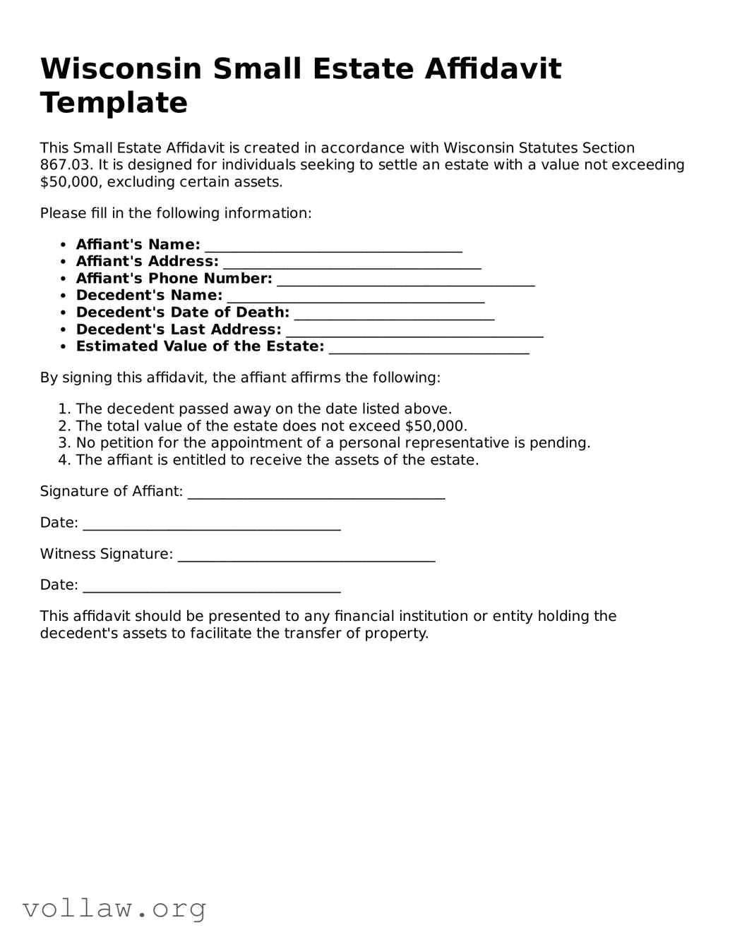 Attorney-Verified  Small Estate Affidavit Form for Wisconsin