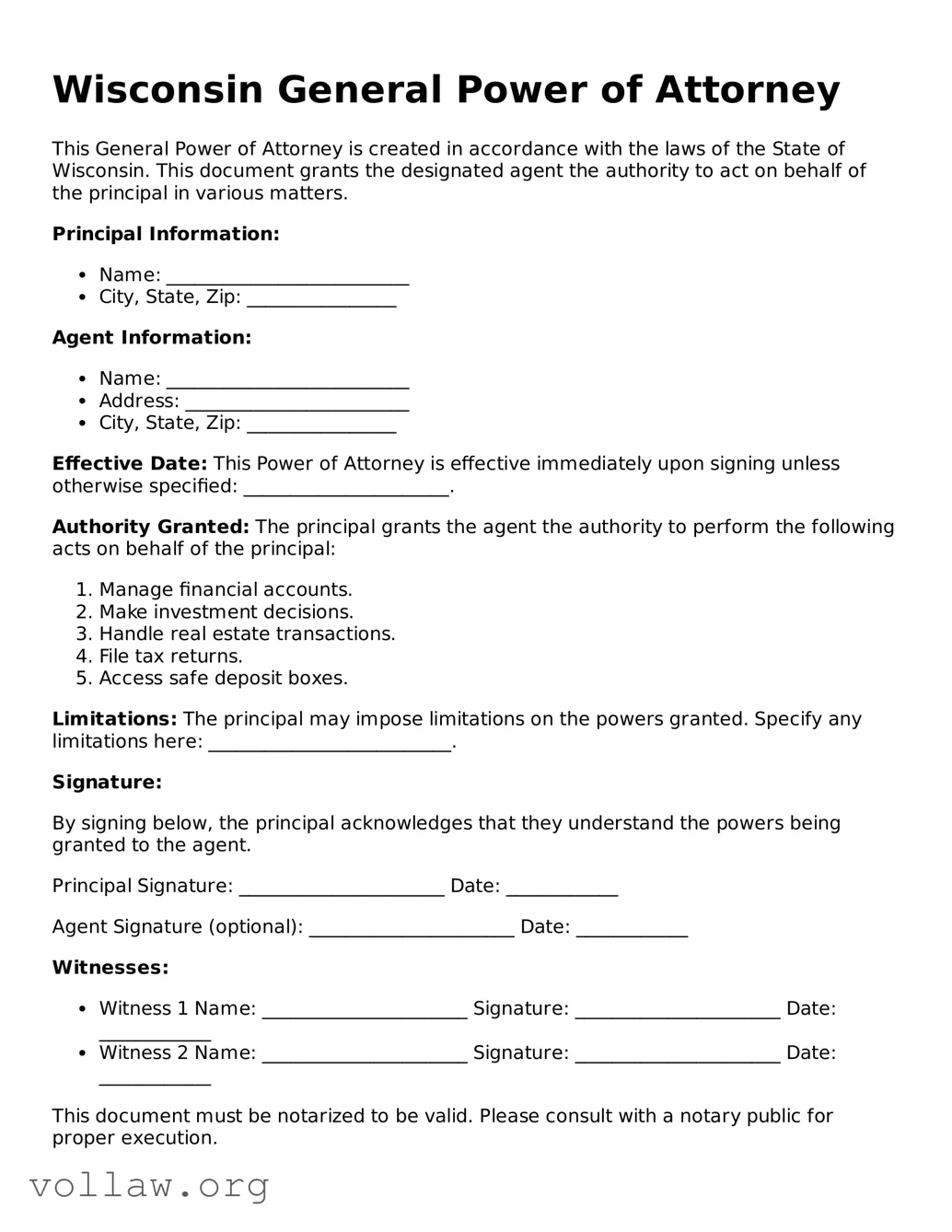 Attorney-Verified  General Power of Attorney Form for Wisconsin