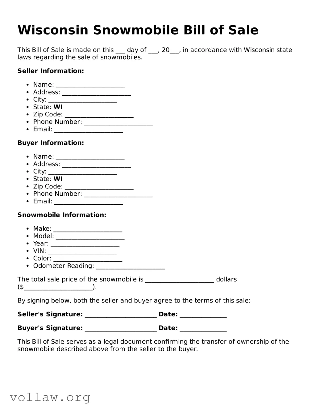 Attorney-Verified  Snowmobile Bill of Sale Form for Wisconsin