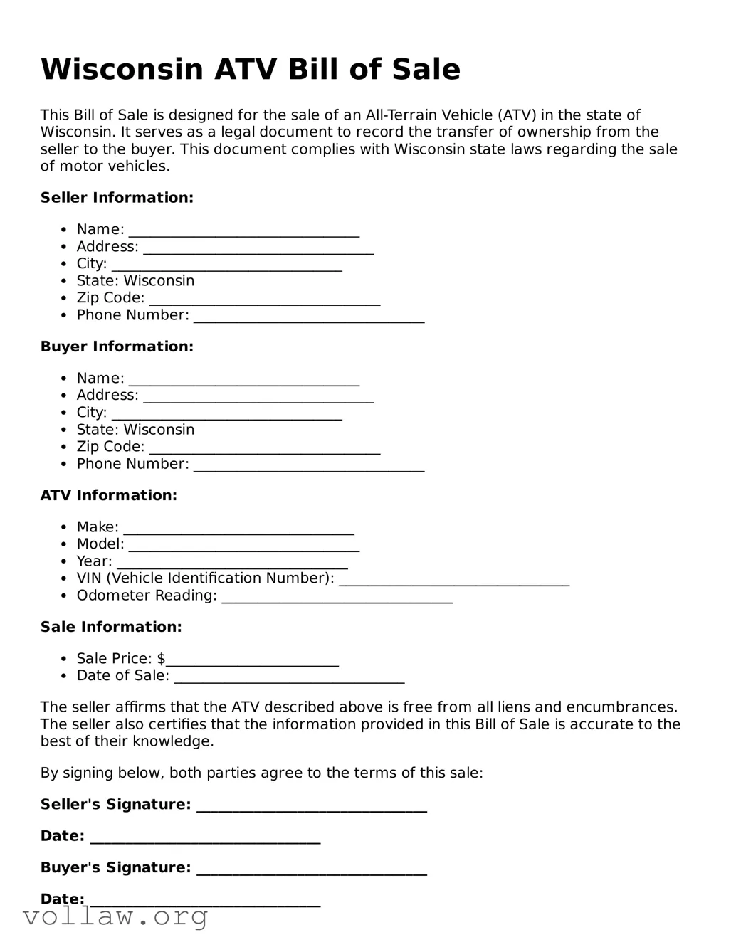 Attorney-Verified  ATV Bill of Sale Form for Wisconsin