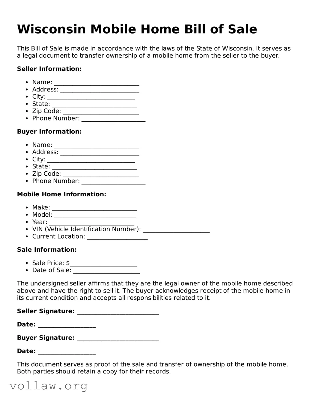 Attorney-Verified  Mobile Home Bill of Sale Form for Wisconsin