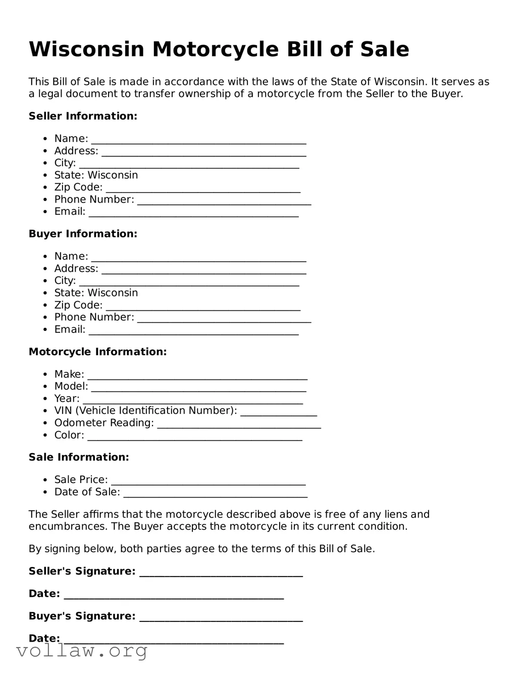 Attorney-Verified  Motorcycle Bill of Sale Form for Wisconsin