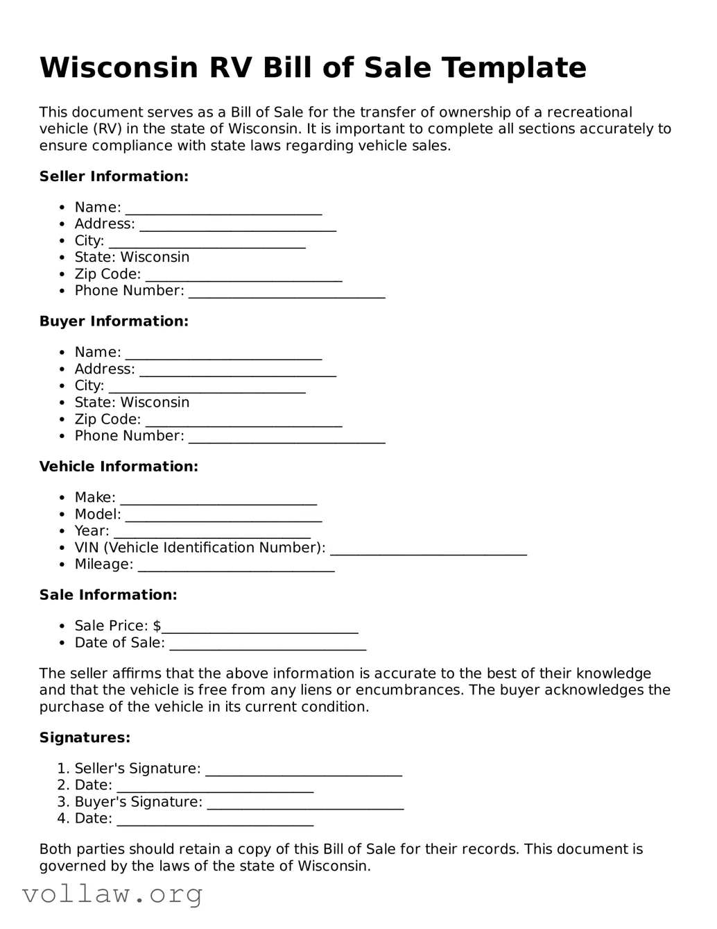 Attorney-Verified  RV Bill of Sale Form for Wisconsin