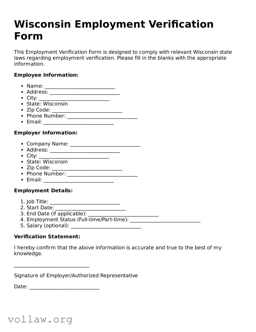 Attorney-Verified  Employment Verification Form for Wisconsin