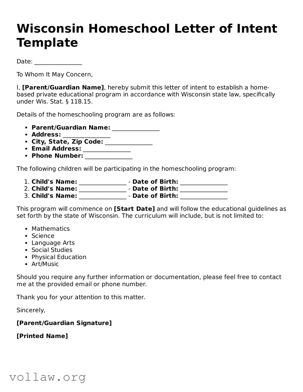 Attorney-Verified  Homeschool Letter of Intent Form for Wisconsin
