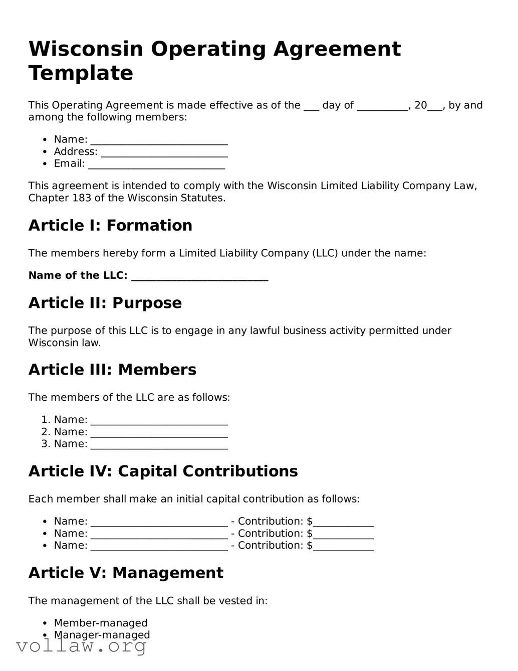 Attorney-Verified  Operating Agreement Form for Wisconsin