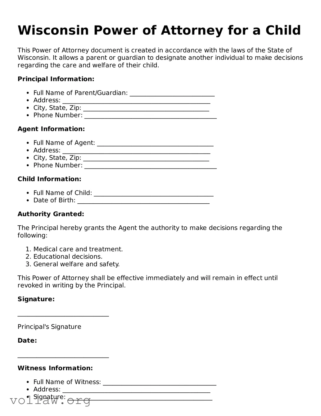 Attorney-Verified  Power of Attorney for a Child Form for Wisconsin
