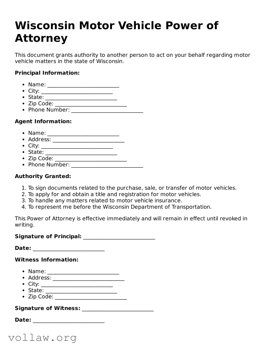 Attorney-Verified  Motor Vehicle Power of Attorney Form for Wisconsin