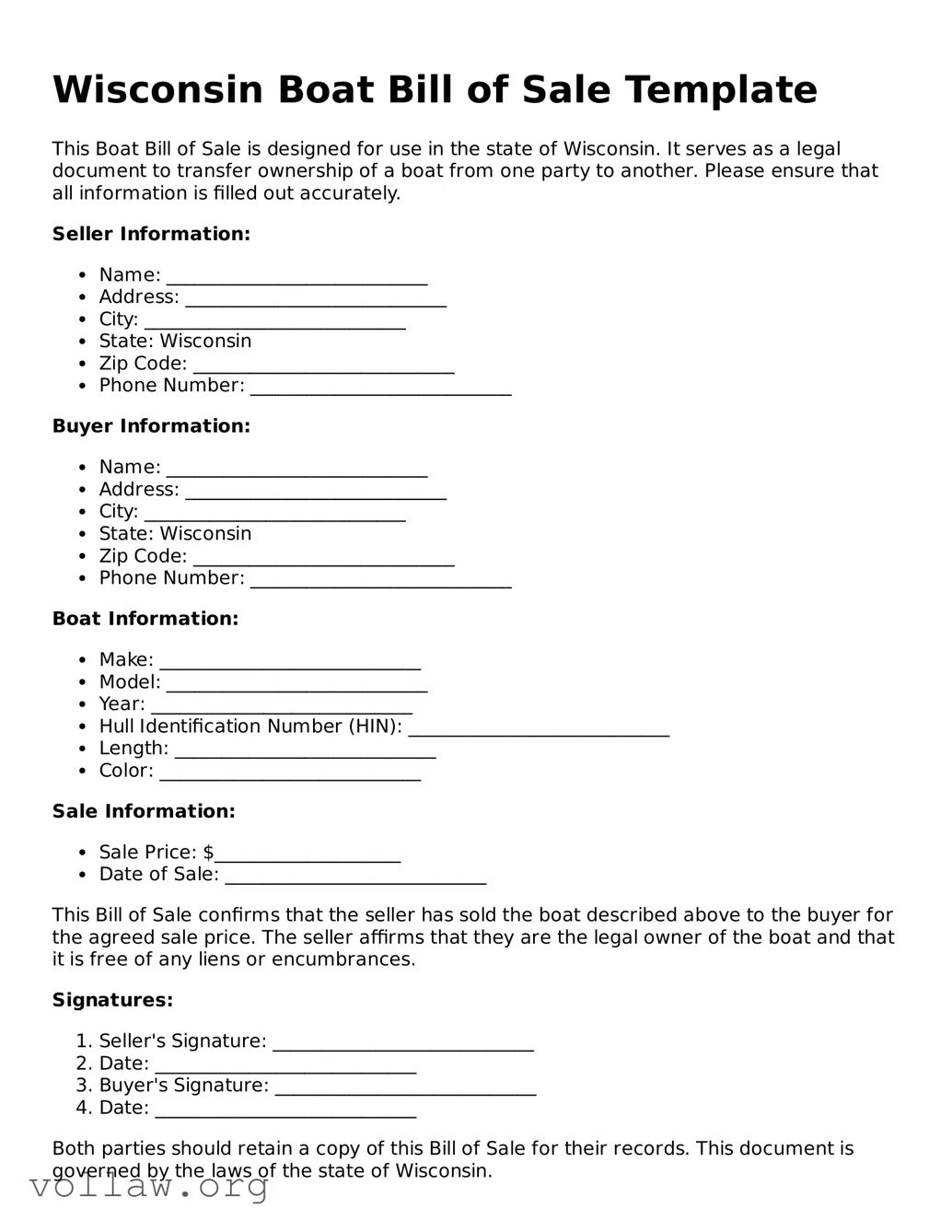 Attorney-Verified  Boat Bill of Sale Form for Wisconsin
