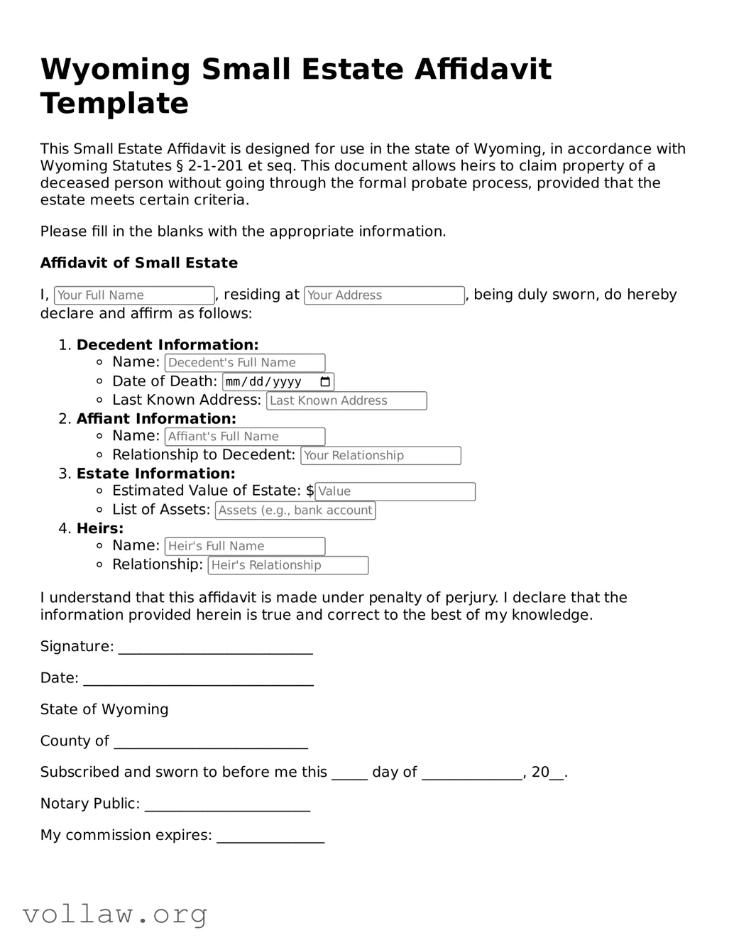 Attorney-Verified  Small Estate Affidavit Form for Wyoming