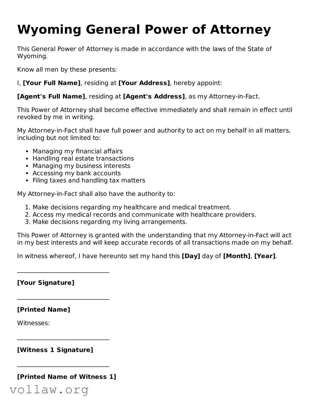 Attorney-Verified  General Power of Attorney Form for Wyoming