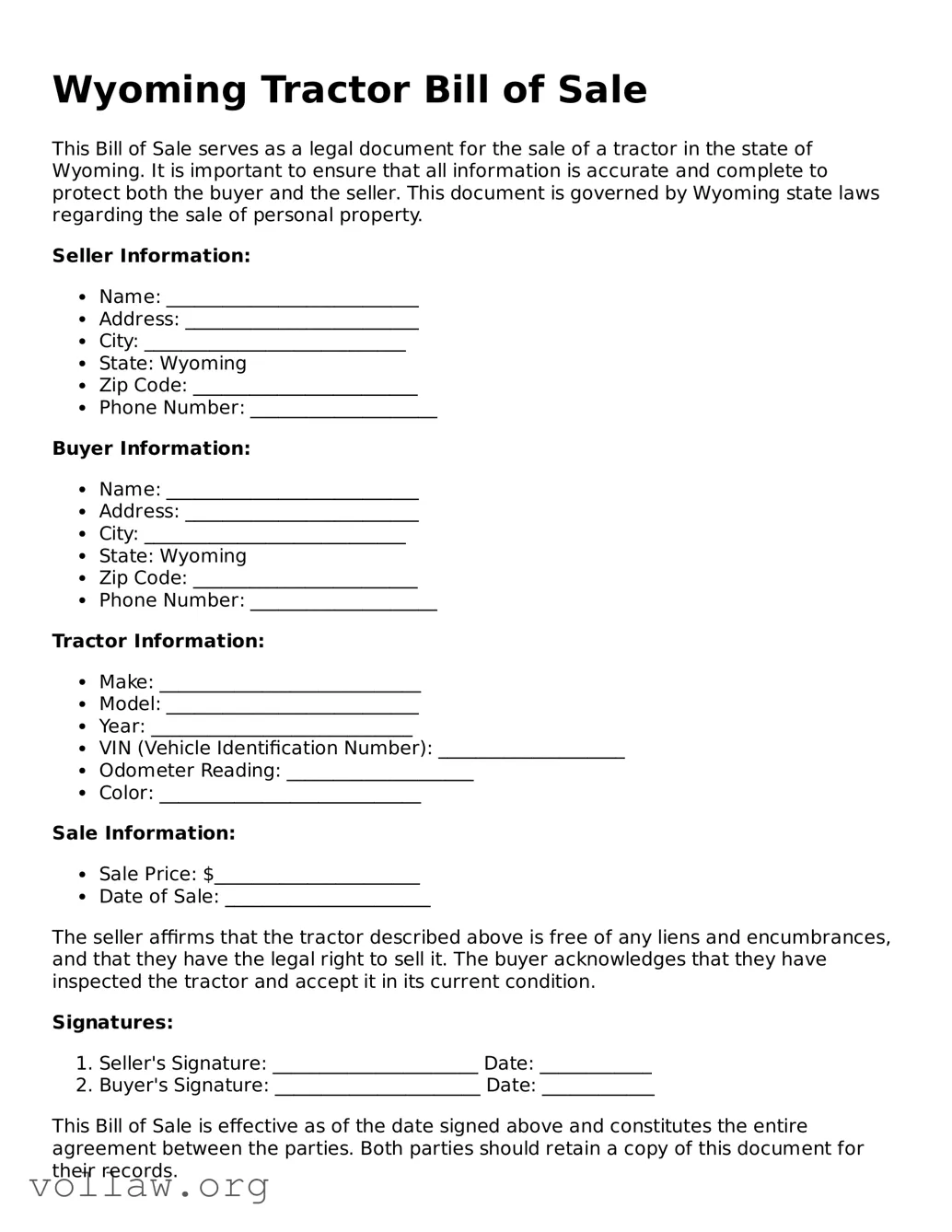 Attorney-Verified  Tractor Bill of Sale Form for Wyoming