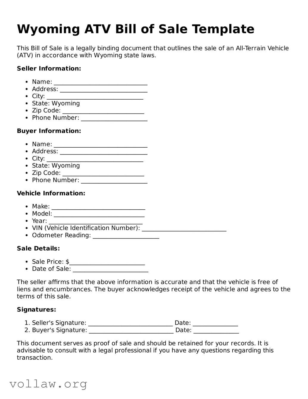 Attorney-Verified  ATV Bill of Sale Form for Wyoming
