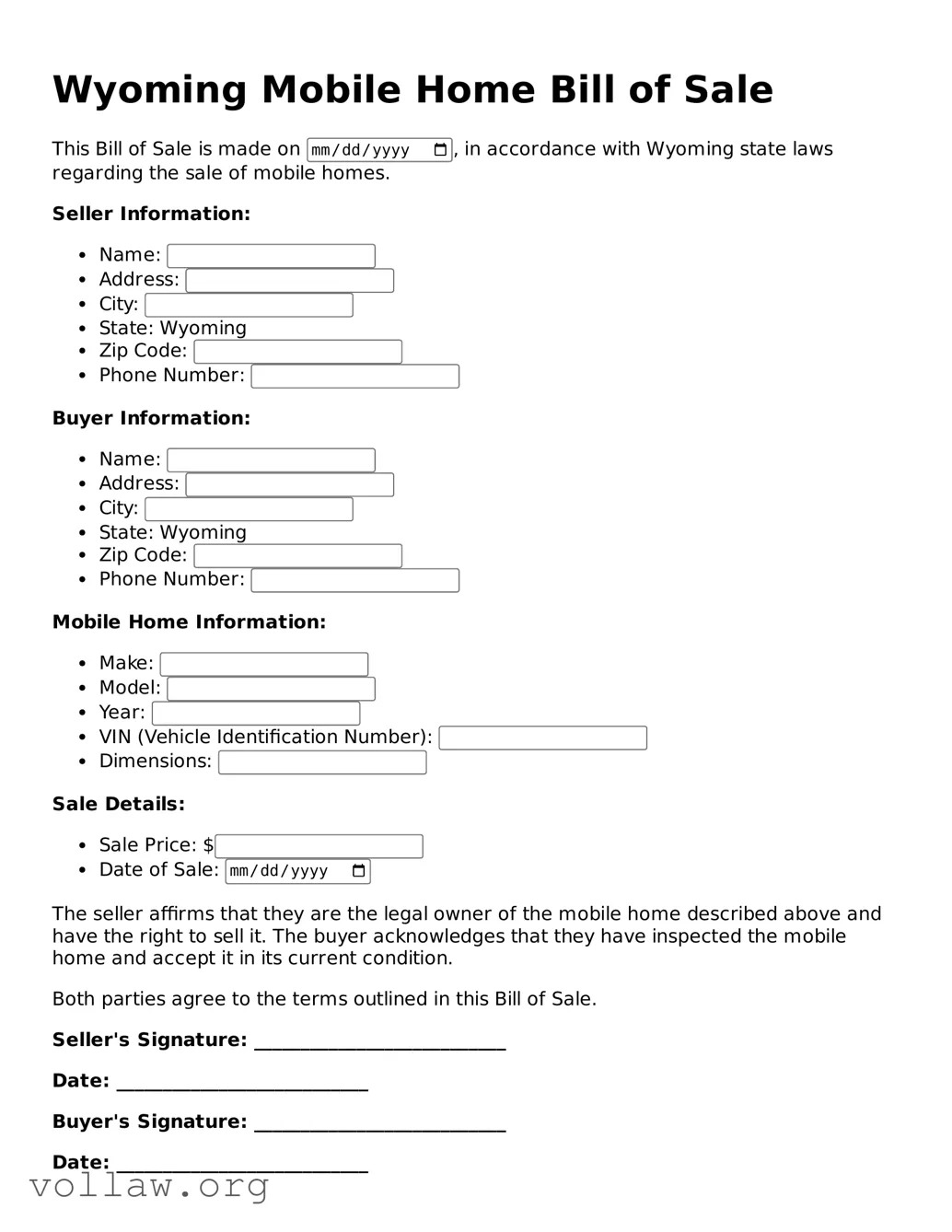 Attorney-Verified  Mobile Home Bill of Sale Form for Wyoming