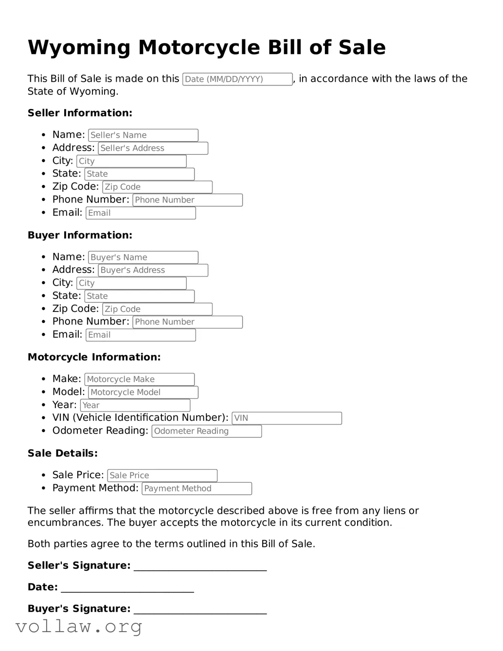 Attorney-Verified  Motorcycle Bill of Sale Form for Wyoming