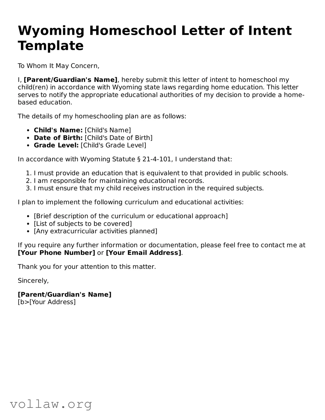 Attorney-Verified  Homeschool Letter of Intent Form for Wyoming