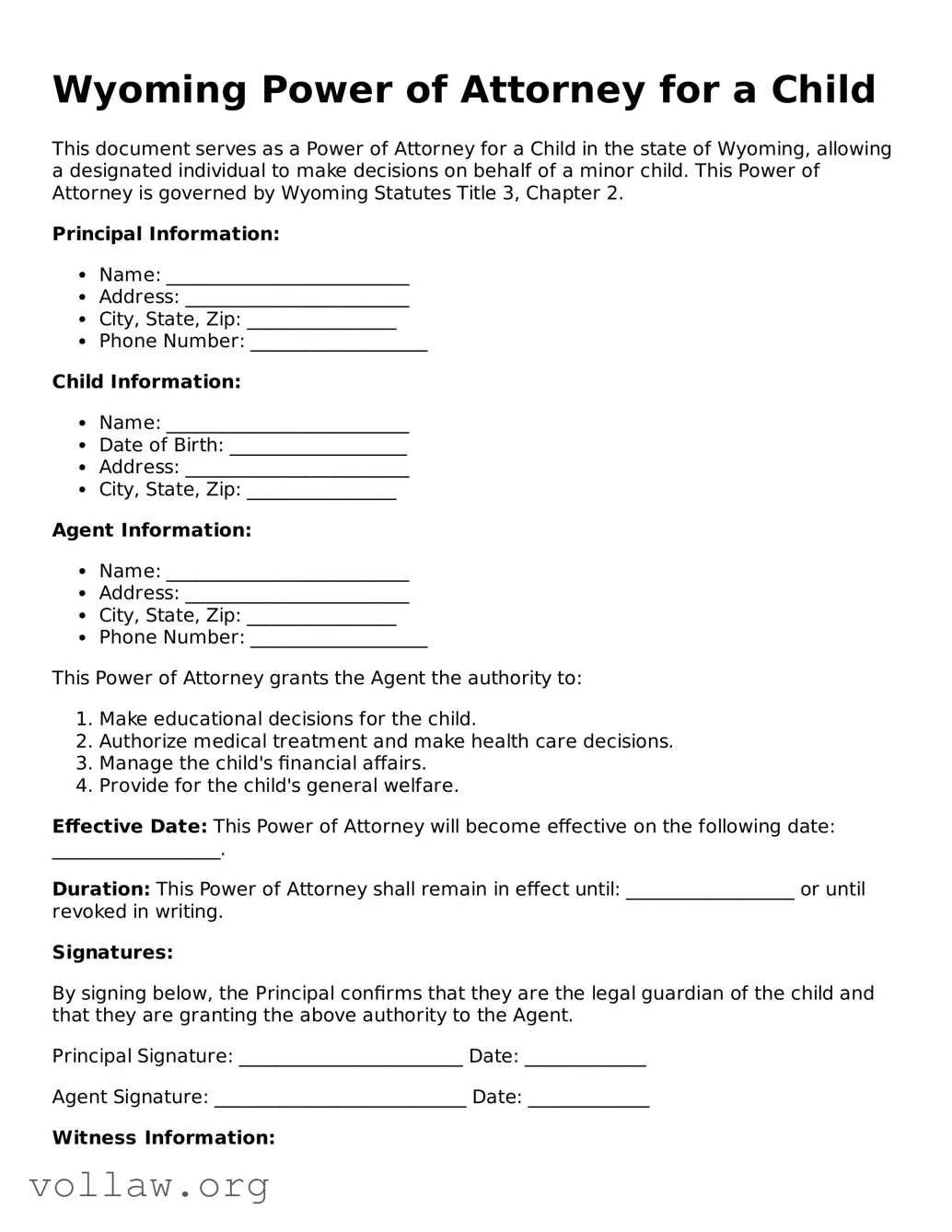 Attorney-Verified  Power of Attorney for a Child Form for Wyoming