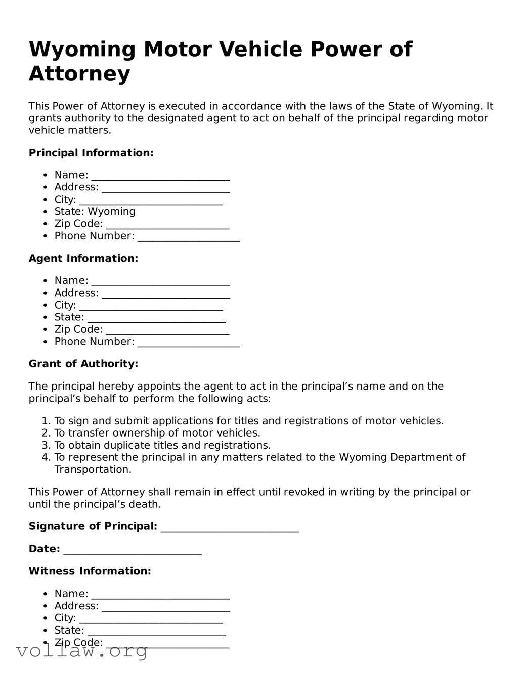 Attorney-Verified  Motor Vehicle Power of Attorney Form for Wyoming