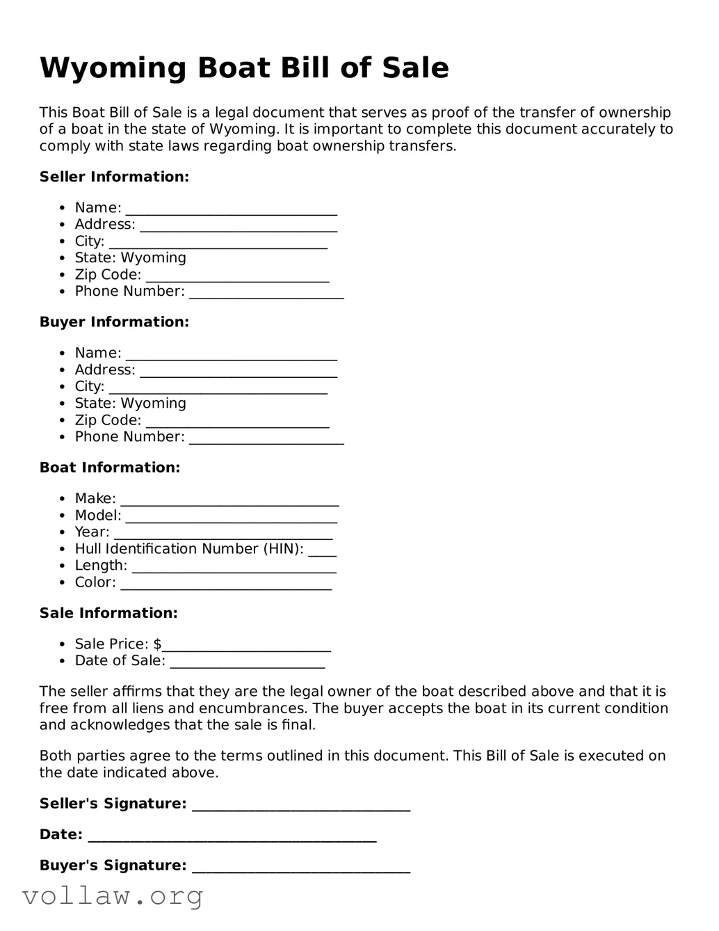 Attorney-Verified  Boat Bill of Sale Form for Wyoming