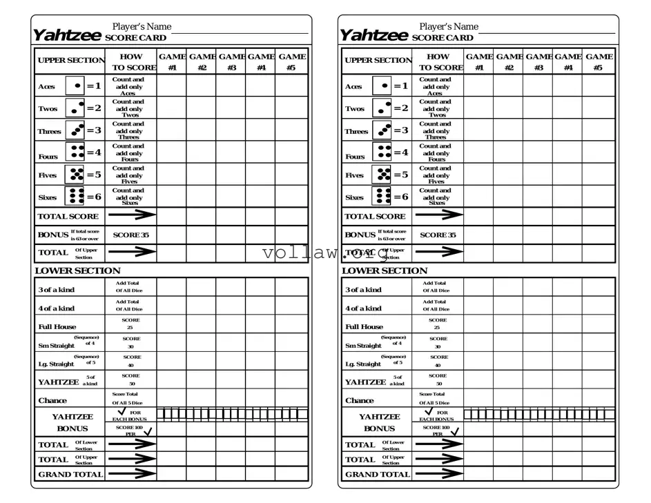 Yahtzee Score Card Template